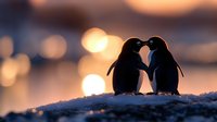 Silhouette of two penguins standing close together against golden sunset sky with bokeh lights, romantic wildlife scene on snowy ground at dusk.