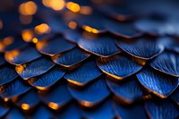 Macro shot of dark blue metallic scales with glowing orange light reflections creating abstract pattern background with depth and texture for luxury design.