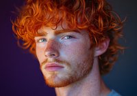 Young man with vibrant ginger curly hair, freckles and blue eyes against dark background with dramatic lighting, looking thoughtfully away from camera.