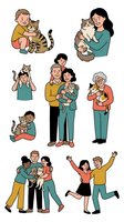 Diverse people of different ages and ethnicities holding and playing with cats, showing love for pets in colorful cartoon style isolated on white background.