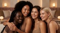 Four diverse young women embracing and laughing together in cozy bedroom setting with warm lighting for friendship and bonding concepts.