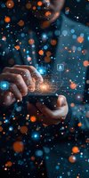 Hands holding digital device with glowing puzzle pieces and icons floating in dark space with orange and blue bokeh lights, representing digital transformation.