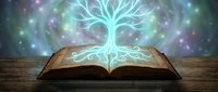 Open book with glowing tree of life emerging from pages against mystical cosmic background with particles and light effects.