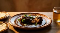 Gourmet chocolate dessert with fresh berries and mint garnish served on rustic ceramic plate with warm ambient lighting for restaurant menu photography.