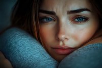 Young Caucasian woman with blue eyes resting chin on hands wearing cozy teal sweater in soft natural lighting for wellness and self-care concepts.