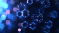 Glowing molecular structures with hexagonal shapes float against dark background with blue bokeh lights, creating futuristic science visualization for chemistry concepts.