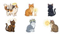 Cute cats with religious symbols including halos, wings, and candles isolated on white background, ready for design use on apparel, stickers, and merchandise.
