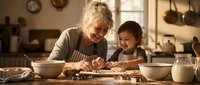 Grandmother and granddaughter baking together in rustic kitchen, rolling dough and sharing joyful moment during family cooking time.