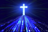 Glowing digital cross with binary code path radiating blue light rays against dark background, representing faith and technology convergence in modern era.