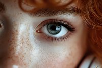 Close-up of green eye with long eyelashes on freckled skin with auburn hair visible, showcasing natural beauty for cosmetic or skincare advertising.