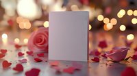 Blank greeting card with romantic rose petals and warm bokeh lights for Valentine's Day, wedding invitations, love messages and special occasions.