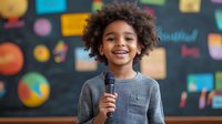 Young African American elementary student with curly hair and bright smile holding microphone in classroom with colorful educational decorations on chalkboard background.