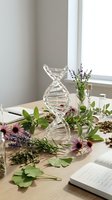 Glass DNA double helix model surrounded by medicinal herbs and flowers on wooden desk for natural medicine research and holistic healthcare education.