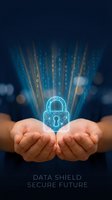 Hands holding glowing digital padlock with binary code rays on dark background, representing cybersecurity, data protection, and secure technology solutions.