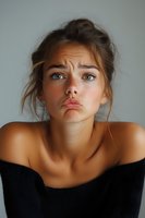 Young Caucasian woman with blue eyes and natural makeup expressing disappointment with pouting lips, wearing black off-shoulder top against neutral gray background.