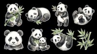 Adorable panda bears in various playful poses with bamboo leaves, isolated on transparent background. Ready for t-shirts, stickers, clipart, sublimation, and print-on-demand designs.