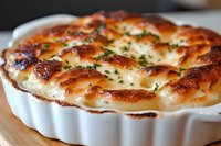Creamy potato gratin with golden brown crust in white ceramic baking dish garnished with fresh herbs, close up view showing layers of tender slices and bubbling cheese.