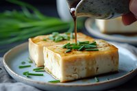 Fresh tofu block with herbs and sauce being poured from spoon on ceramic plate. Healthy plant-based protein meal preparation for vegetarian cooking.