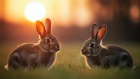 Two adorable rabbits sitting on grass during golden hour sunset with warm bokeh background for nature and wildlife photography projects.