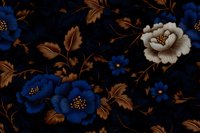 Elegant floral pattern with deep blue and white roses on dark background, copper-toned leaves and delicate stems create luxurious vintage botanical design.