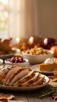 Sliced roasted turkey breast with herbs on wooden table surrounded by traditional holiday side dishes and warm candlelight for festive dinner celebration.