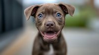 Happy chocolate brown puppy with bright blue eyes and floppy ears smiling at camera, showing friendly expression. Close up portrait with soft bokeh background.