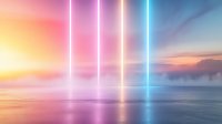 Vibrant neon light beams reflect on calm ocean water against sunset sky with dreamy pink and orange clouds, creating surreal atmospheric landscape.