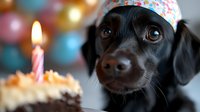Black dachshund wearing party hat looking at birthday cupcake with lit candle against colorful balloon background, celebrating special occasion.