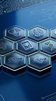 Futuristic hexagonal medical icons displaying healthcare symbols on blue digital circuit board background for modern health technology applications.