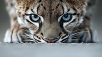 Wild leopard with piercing blue eyes in close-up portrait showing detailed facial features and spotted fur pattern for wildlife photography projects.