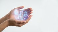 Human figure with glowing holographic digital interface emerging from open palm, representing technology, innovation, and futuristic communication concepts for business applications.