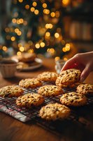 Freshly baked chocolate chip cookies cooling on wire rack with hand reaching for one, warm holiday lights bokeh in background creating cozy atmosphere.