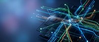 Abstract digital network with glowing fiber optic cables and connection nodes on dark background for technology and communication concepts.