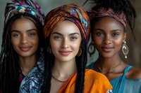 Three diverse young women wearing colorful headscarves and ethnic accessories smile warmly at camera, representing beauty, friendship and cultural fashion.