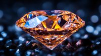 Brilliant cut champagne diamond with facets reflecting warm light against dark background with bokeh effect. Luxury jewelry concept for design projects.