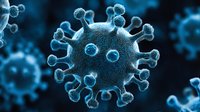 Microscopic view of coronavirus cell structure in glowing blue against dark background showing detailed spike proteins and viral membrane surface.
