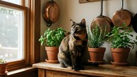 Calico cat sitting on wooden shelf near window with potted green plants and hanging copper cookware in rustic kitchen interior.