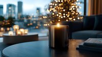 Glowing candle on table against blurred city lights and bokeh, creating cozy evening atmosphere with notebooks and urban view through window.