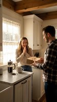 Young Caucasian man surprising happy blonde woman with gift box in cozy farmhouse kitchen with exposed wooden beams and white cabinets during morning coffee.