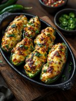 Baked jalapeno peppers stuffed with melted cheese and herbs, served in cast iron skillet on rustic wooden table. Garnished with fresh cilantro and spices.