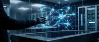 Businessman hand touching holographic network connections in modern data center with glowing blue digital technology visualization for AI and connectivity concepts.