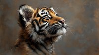 Adorable tiger cub portrait with striking orange and black stripes looking upward against textured brown background for wildlife and nature projects.