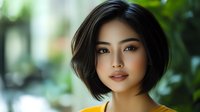 Young Asian woman with short bob haircut and natural makeup against blurred green background, perfect for beauty and fashion advertising.