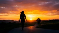 Silhouetted female runner jogging on rural road at golden sunset with dramatic sky and mountains in background for fitness and wellness content.