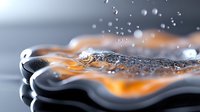Dramatic macro shot of liquid drops and splashes with orange and black waves creating abstract fluid art pattern on reflective surface in dark setting.