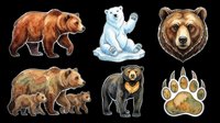 Six watercolor bear clipart set isolated on transparent background, featuring grizzly, polar, black bears, cubs, bear head, and paw print for stickers, T-shirts, print on demand.