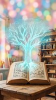 Open book with glowing digital tree and binary code emerging from pages against colorful bokeh background, representing knowledge, learning, technology, and education concepts.
