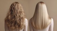 Comparison of curly and straight blonde hair types on two women wearing white tops, viewed from behind, showing different hair textures and styling results.