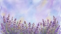 Watercolor lavender field with purple flowers blooming against soft pastel sky background for relaxation and aromatherapy designs.