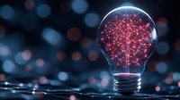 Glowing light bulb with red neural network pattern inside on dark background with bokeh lights, representing innovation and artificial intelligence concept.